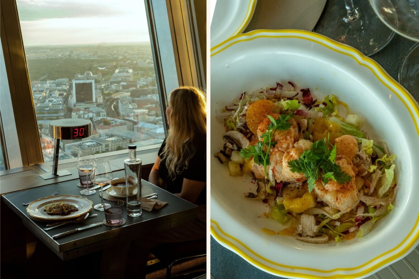 Feines Dinner im Sphere Restaurant mit Blick über das abendliche Berlin und kunstvoll angerichteter Meeresfrüchtesalat – Reisehunger trifft Genuss in luftiger Höhe, Fernsehturm Berlin, Foto: Sonja Koller