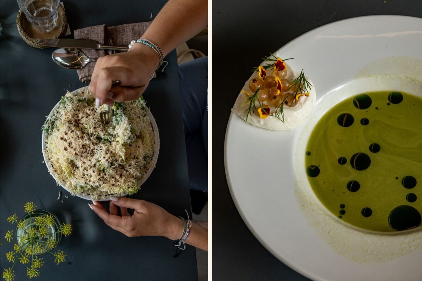 Zweigeteiltes Bild aus dem Restaurant Remi in Berlin. Links: Eine Person greift mit einer Gabel in einen großen Teller Caesar Salad, der mit viel geriebenem Parmesan bedeckt ist. Rechts: Ein kunstvoll angerichteter Teller mit grüner Suppe, verziert mit dunklen Öl-Tropfen. Am Tellerrand eine cremige Garnitur mit Blüten, Kräutern und weißen Beeren.