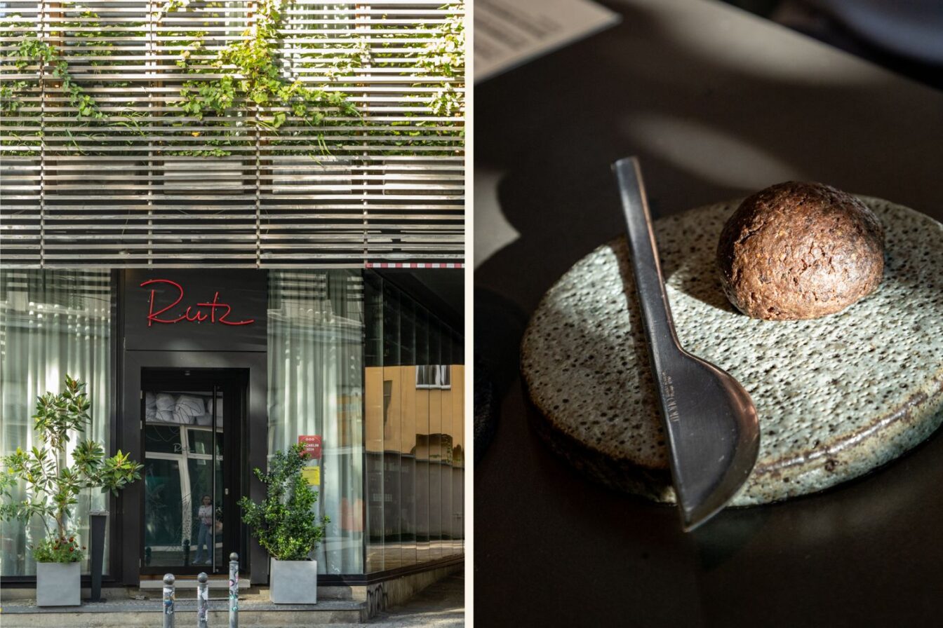 Eingang des Gourmet-Restaurants Rutz in Berlin mit moderner Glasfassade, begrünten Lamellen und rotem Schriftzug über der Tür. Daneben ein detailreich serviertes Gericht auf einem Steinuntersetzer mit dunklem Brötchen und elegantem Messer