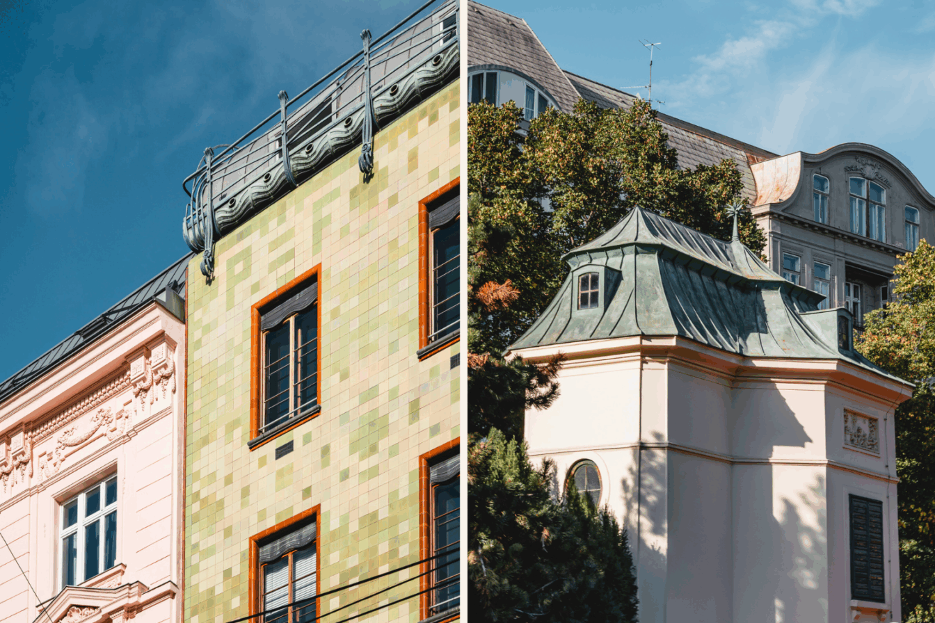 eine rosane und grüne Hausfassade mit Keramikfliesen und eine kleine Pagode