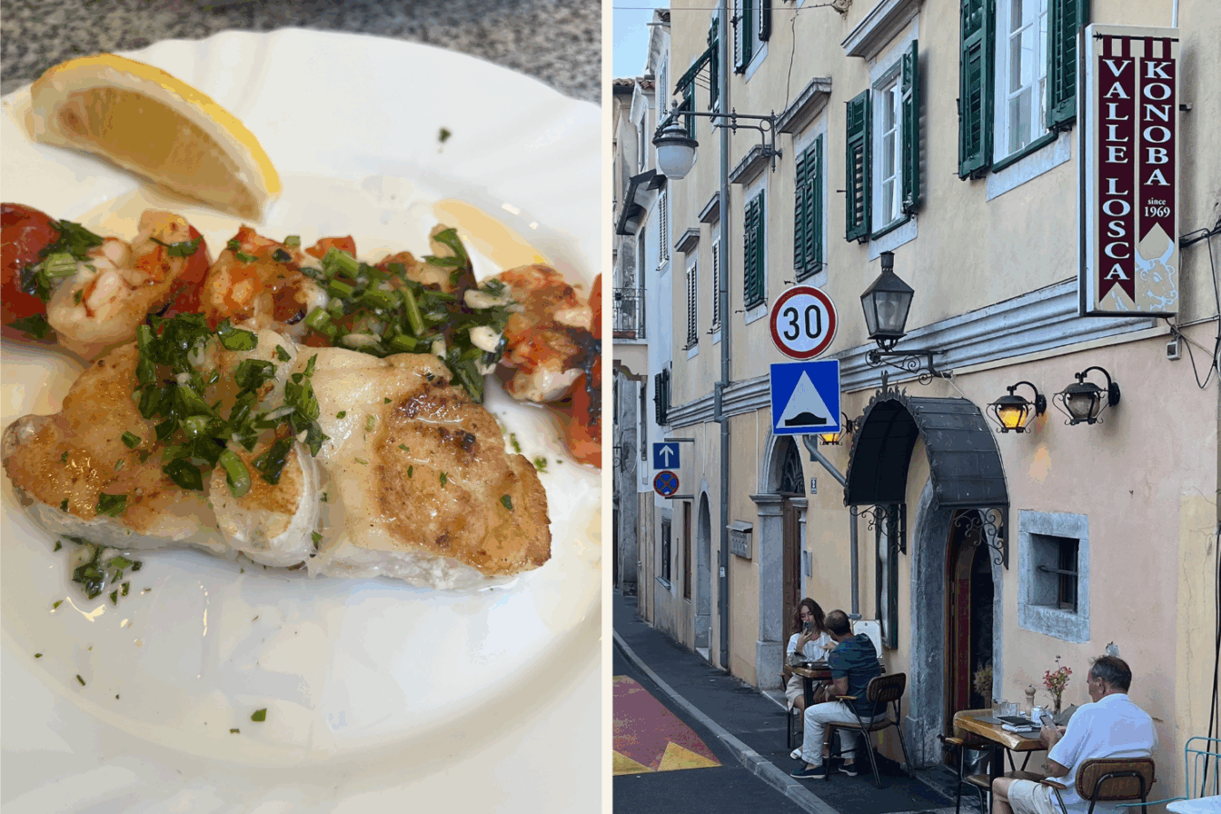 Ein Teller mit gegrilltem Fisch und Zitrone sowie der Blick auf ein kleines Restaurant in Volosko, Kroatien.