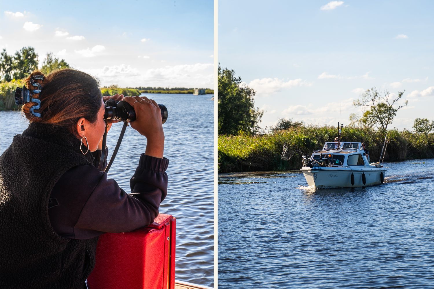 Mit dem Boot auf der Peene, links sieht man eine Frau mit Fernglas