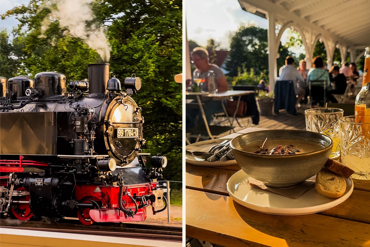 Collage mit Dampflok und dampfender Suppe