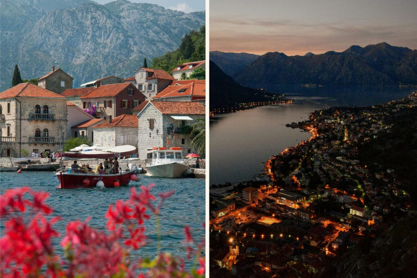 Die Bicht von Kotor in Montenegro bei Tag und Nacht.