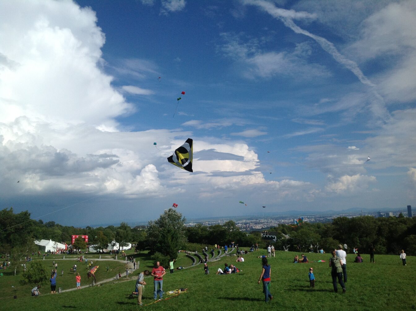 Drachensteigen auf der Wienerwaldwiesen beim Lebensbaumkreis am Himmel im 19. Bezirk von Wien
