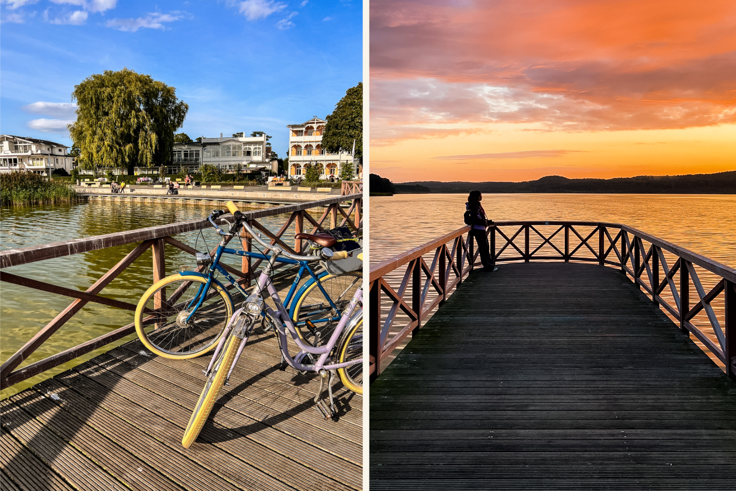 Collage von Fahrräder auf einem Steg und einem Sonnenuntergang am See