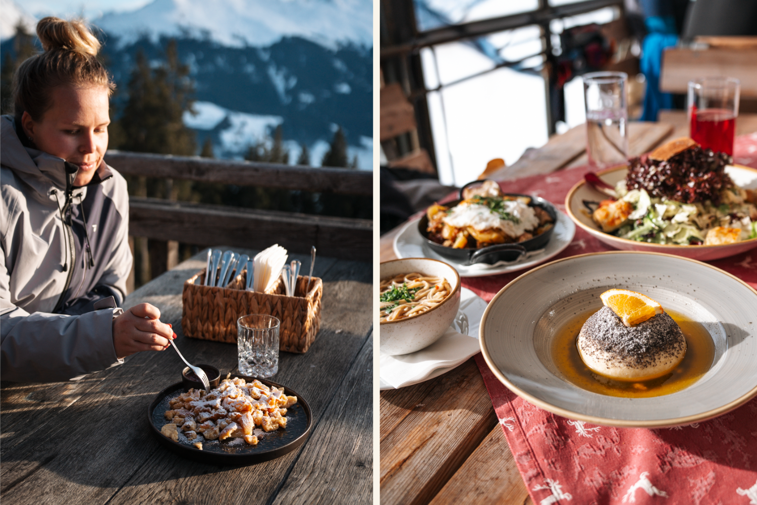 Collage mit Frau und Kaiserschmarrn sowie Germknödel auf Skihütte (c) Michelle Doninger | 1000things