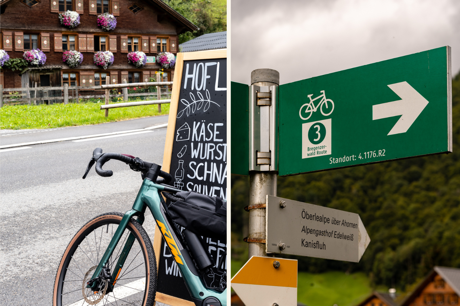 Fahrrad in Vorarlberg mit Fahrradweg-Beschilderung und Hütte im Hintergrund (c) Sonja Koller | 1000things