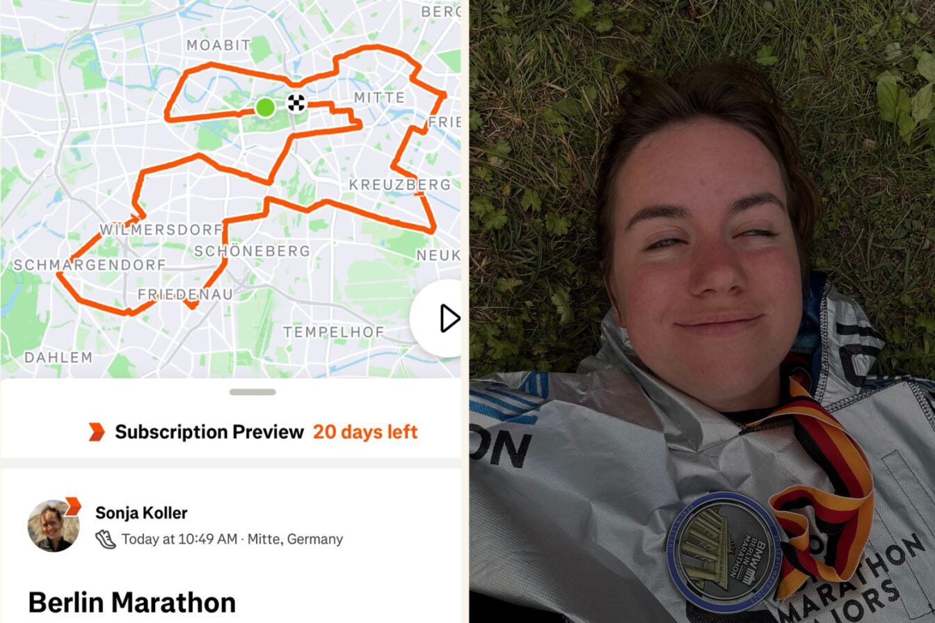 Karte der Marathon Berlin Strecke mit eingezeichneter Route durch verschiedene Stadtteile. Daneben liegt eine Finisherin lächelnd im Gras, mit Marathonfolie bedeckt und Medaille um den Hals.