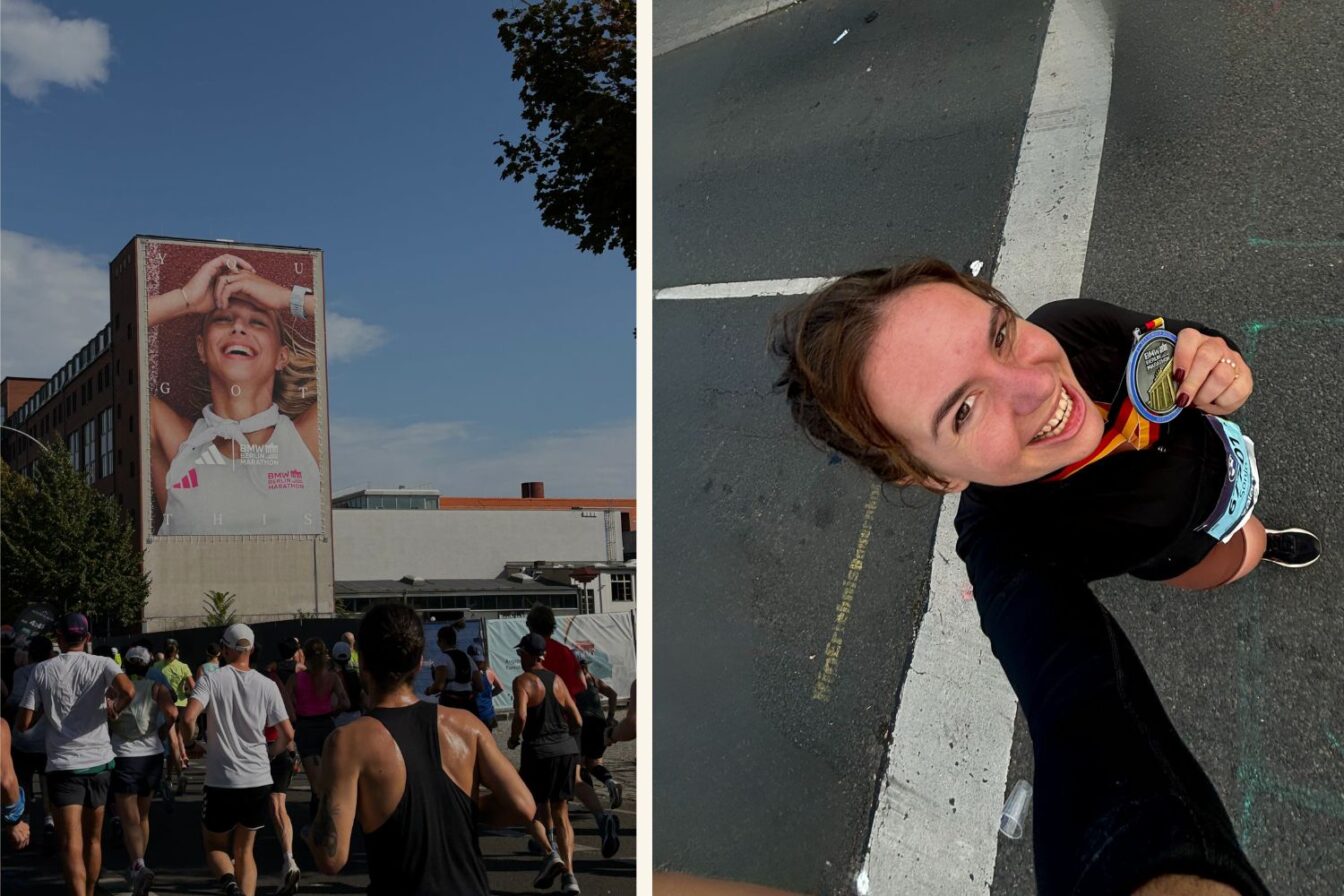 Läuferinnen und Läufer beim Marathon Berlin passieren ein großes Adidas-Werbeplakat mit motivierendem Slogan. Rechts daneben ein Selfie einer glücklichen Finisherin mit Medaille auf der Straße.