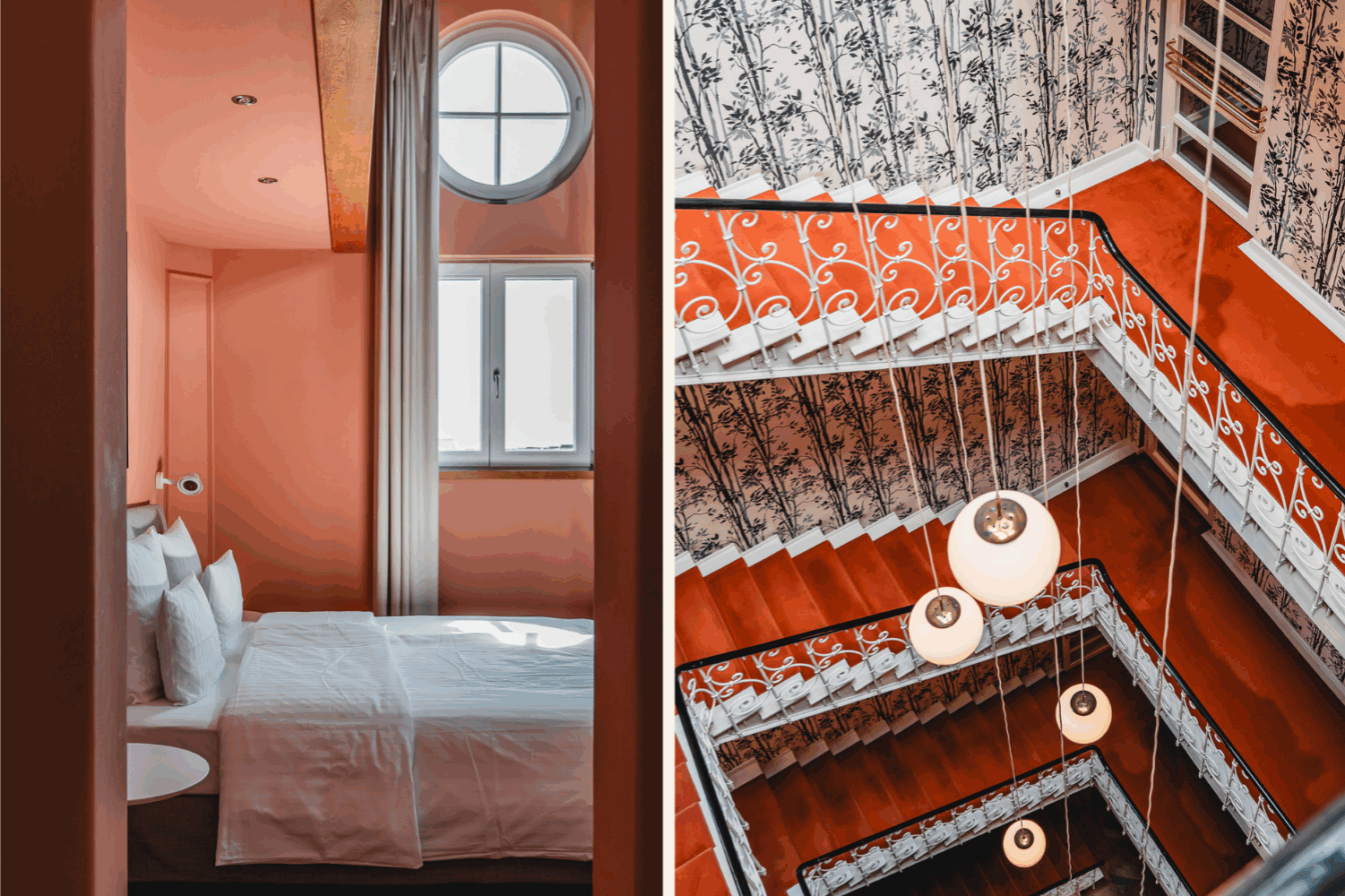 Eine Collage aus zwei Bildern, die ein Hotel in München zeigen.