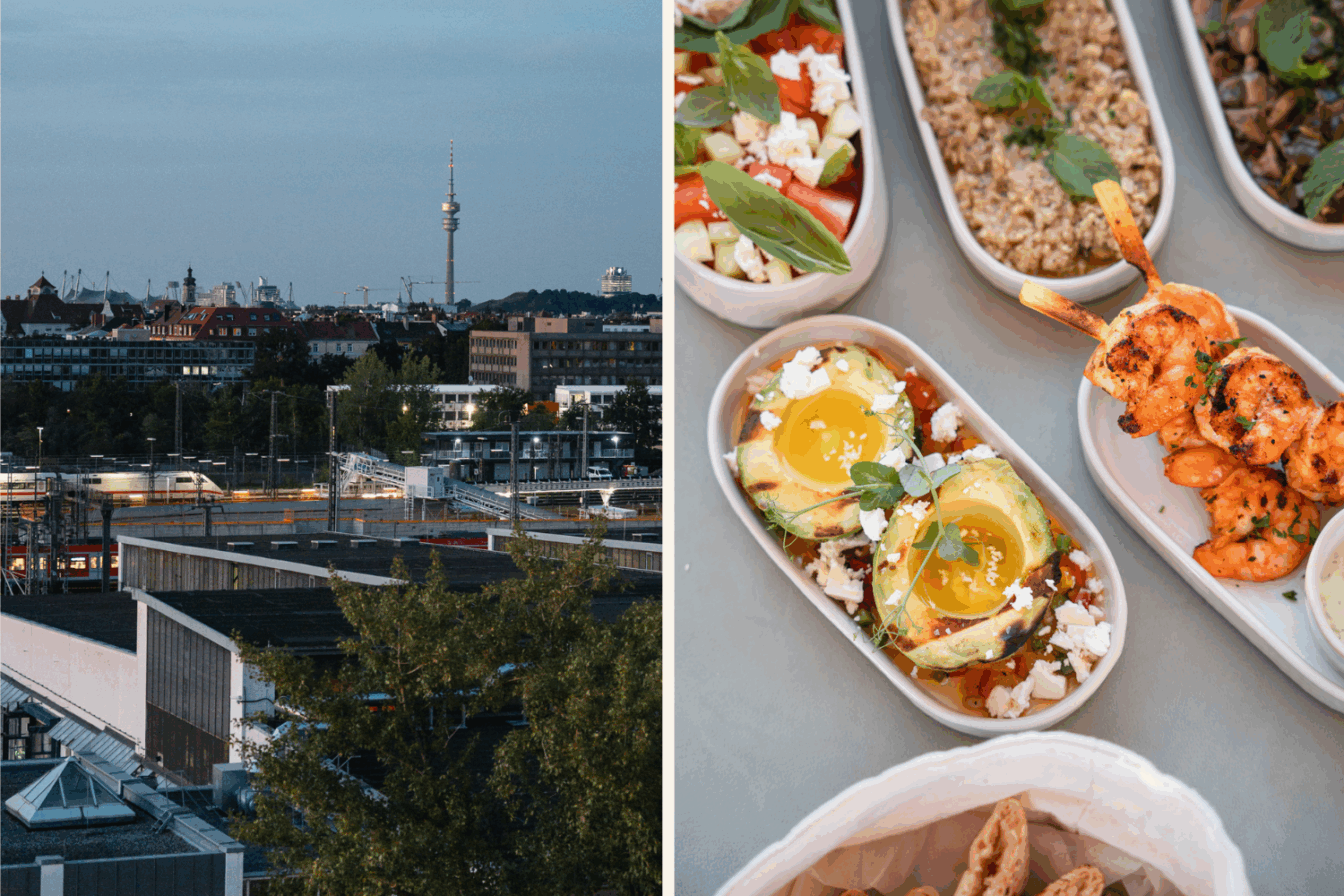 Eine Collage aus zwei Bildern, die die Skyline von München zeigen und Barsnacks auf der Dachterrasse.