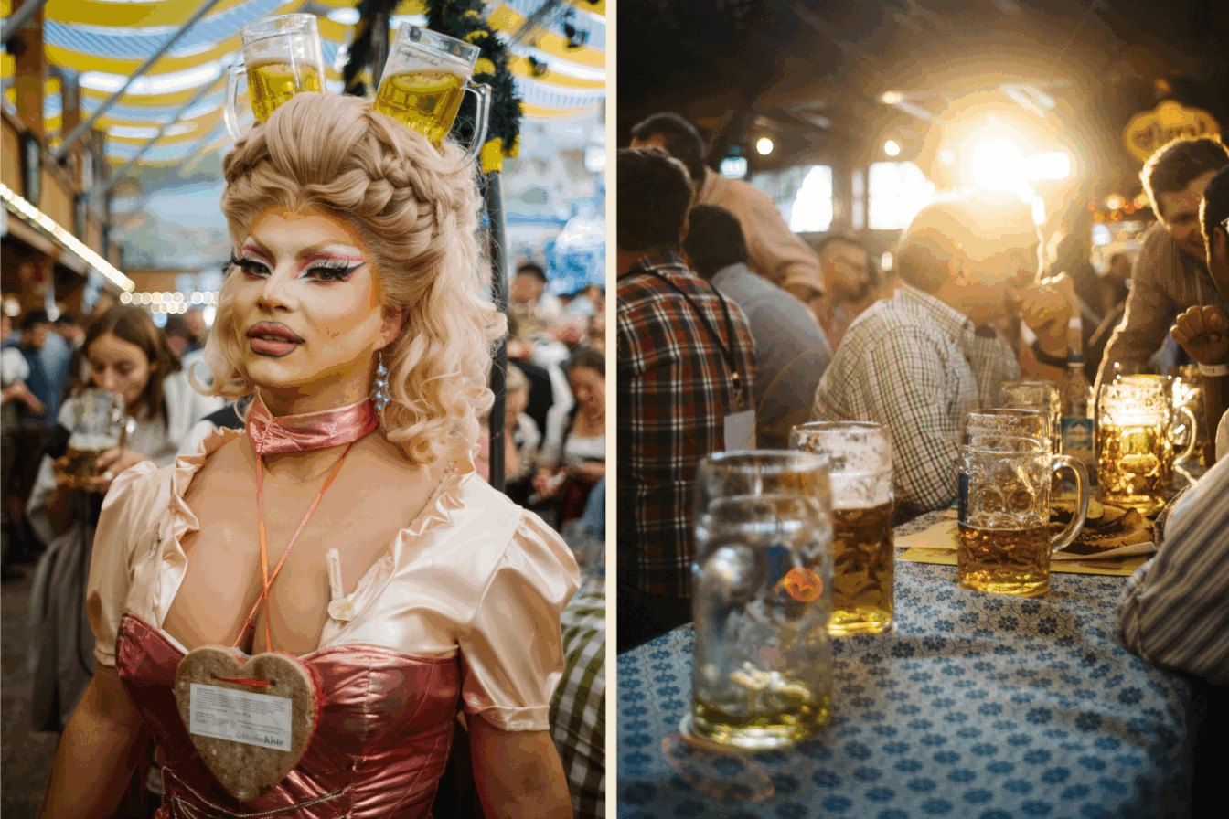 Eine Person in Dirndl mit Lebkuchenherz und Herren an einem Tisch im Festzelt