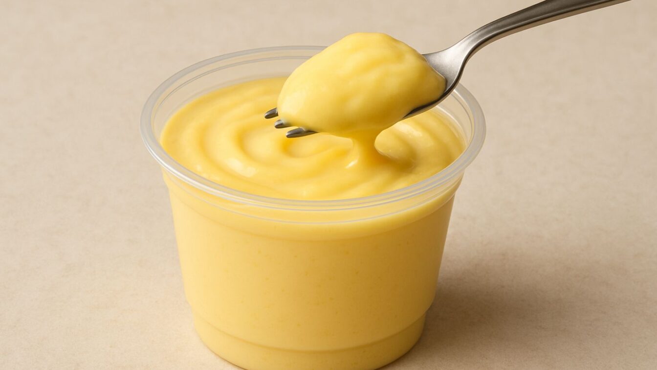 Ein Vanillepudding, der mit einer Gabel gegessen wird