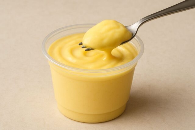 Ein Vanillepudding, der mit einer Gabel gegessen wird