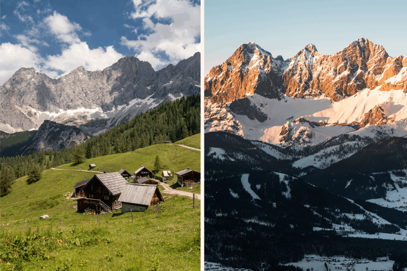Ein grünes Tal mit einem hölzernen Bauernhaus und das Dachsteinmassiv im Winter
