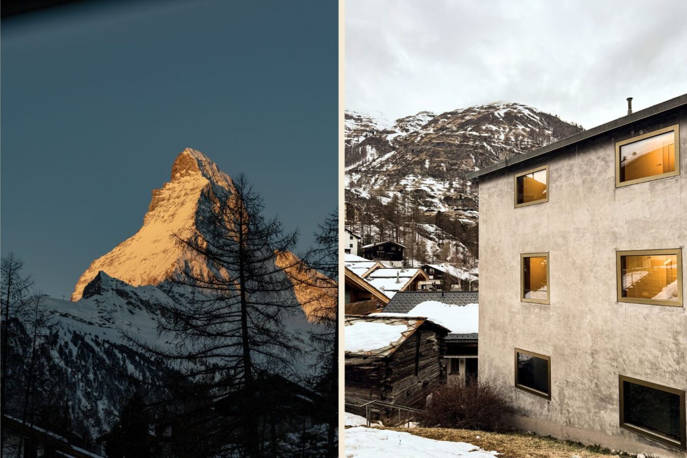 Schweizer Jugendherberge in Zermatt mit Blick auf das Matterhorn bei Wintersonne – moderne Unterkunft in den Alpen mit Bergpanorama