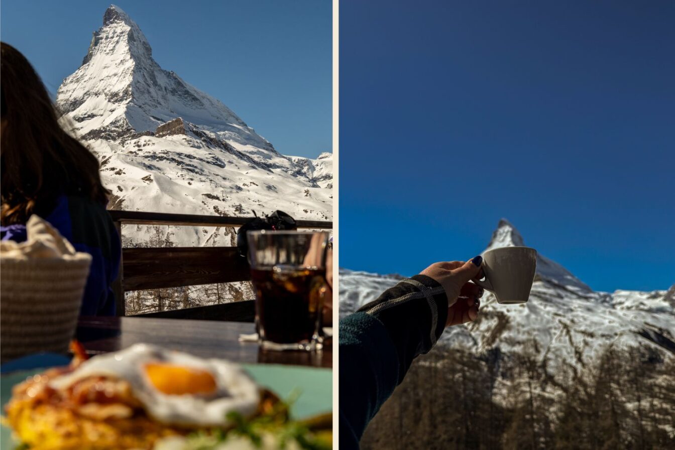 Genussvolle Pause beim Skifahren in Zermatt – Frühstück und Kaffee mit Panoramablick auf das Matterhorn in der Schweiz.