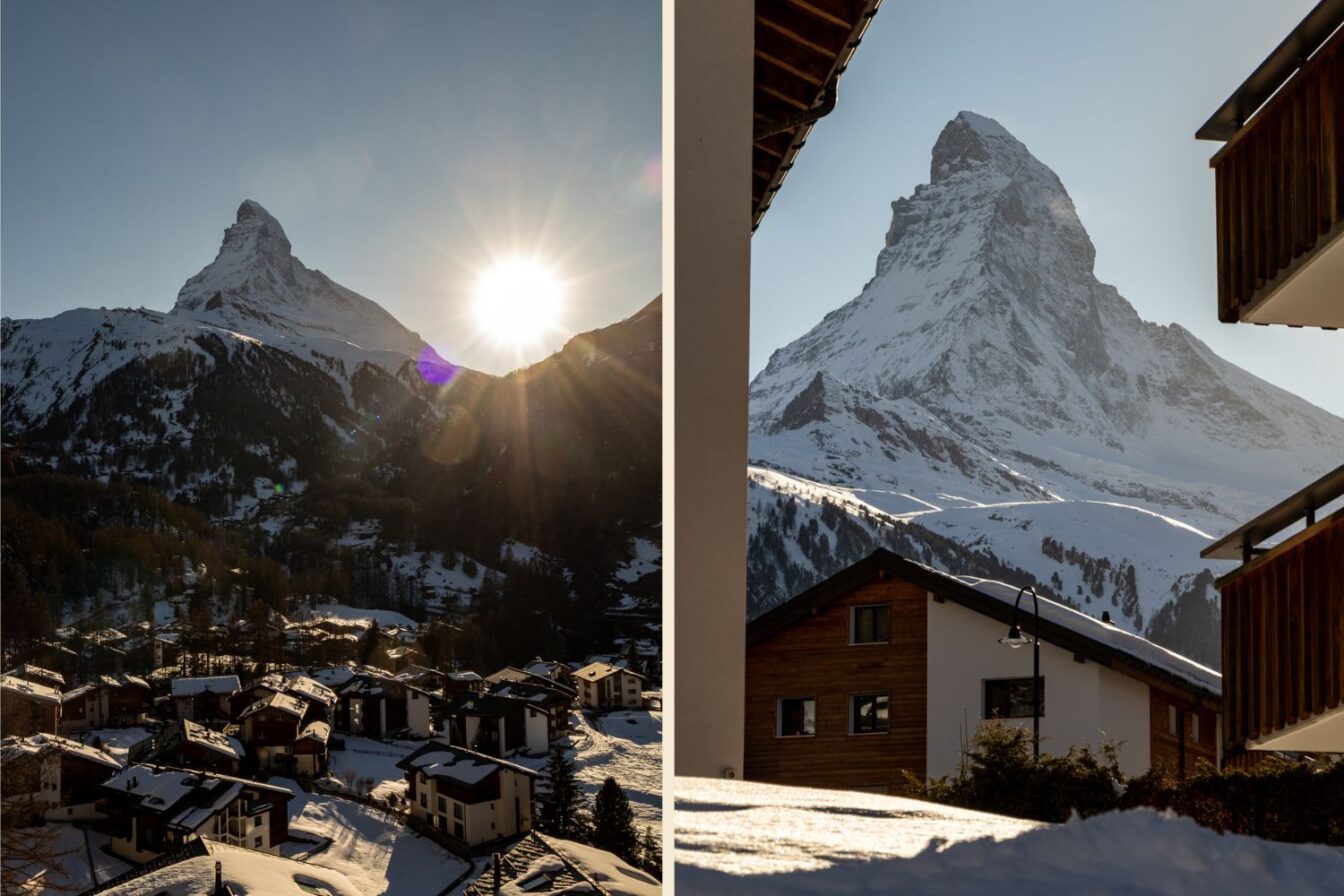 Skiurlaub in Zermatt mit Sonnenaufgang über dem Matterhorn und idyllischem Blick zwischen Chalets auf den verschneiten Berg in der Schweiz