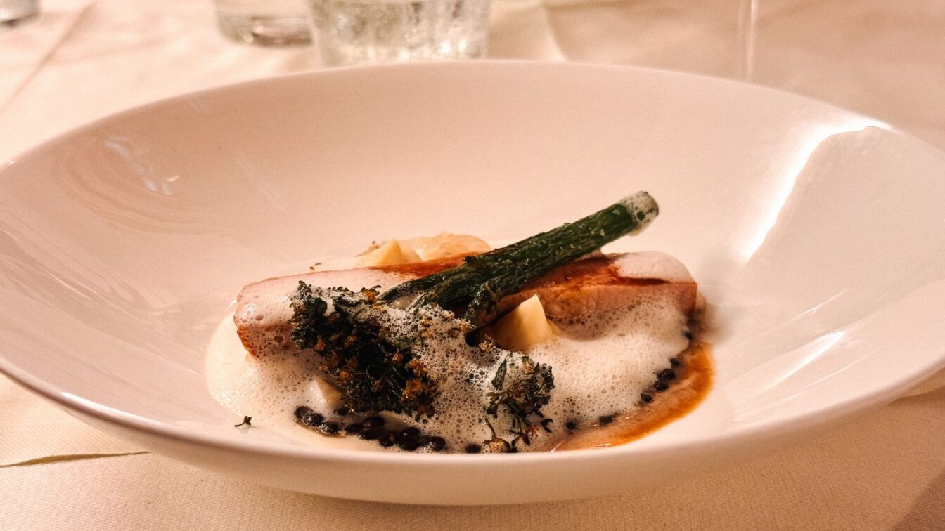 Gourmetgericht im Restaurant Triad in der Buckligen Welt: Zart gebratenes Fleisch mit Brokkolini, cremigem Schaum, Linsen und feiner Sauce, kunstvoll angerichtet auf weißem Porzellanteller.