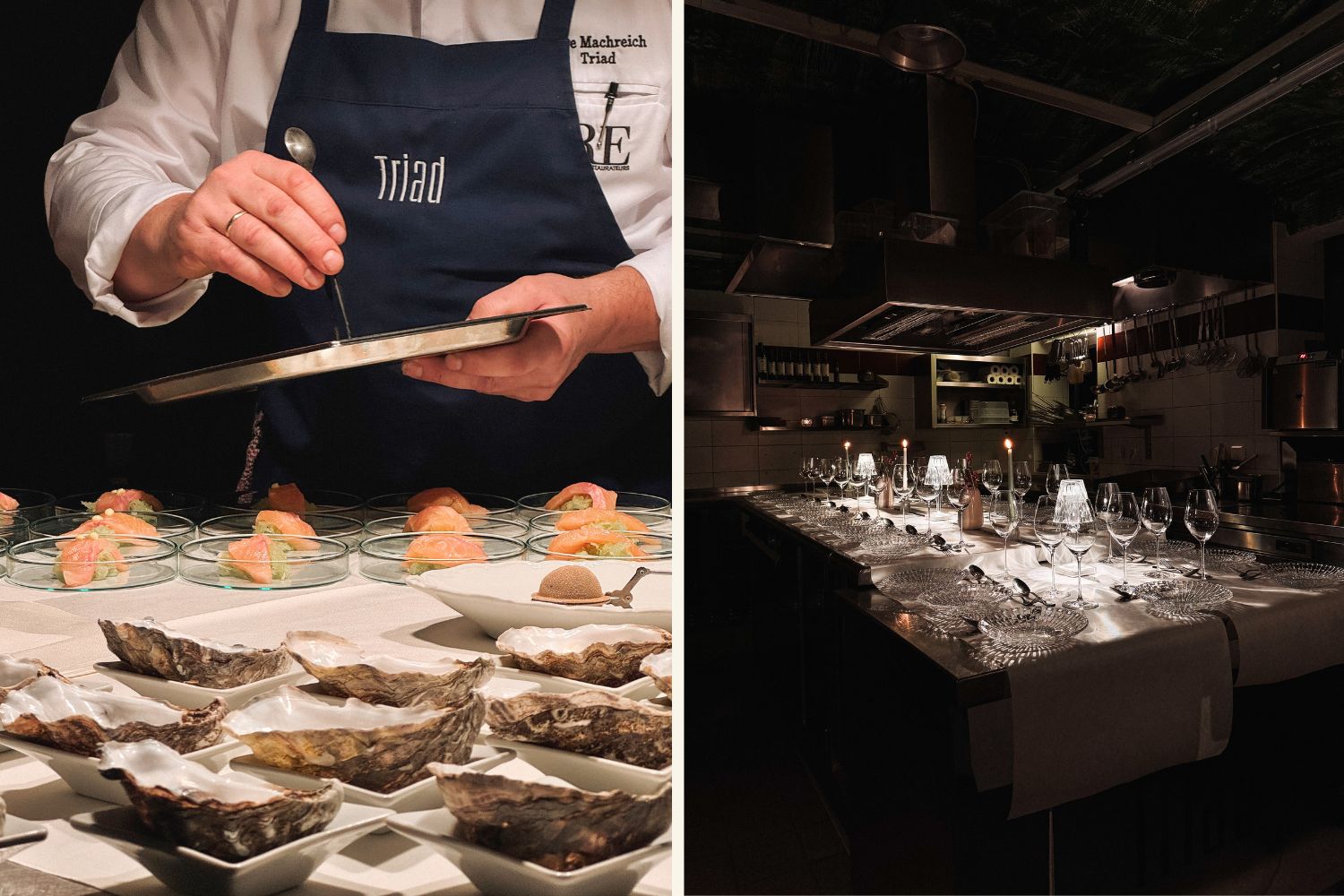 einschmecker-Erlebnis im Restaurant Triad in der Buckligen Welt: Gourmet-Küche mit frischen Austern und Lachsgerichten, kunstvoll angerichtet vom Spitzenkoch, sowie elegant gedeckter Chef’s Table im stilvollen Ambiente.