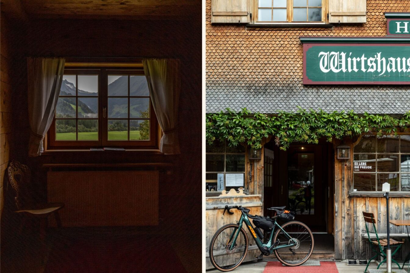Traditionelles Wirtshaus zum Gämsle in Schoppernau im Bregenzerwald: links Blick aus einem gemütlichen Holzstuben-Fenster auf die umliegenden Berge, rechts die historische Gasthausfassade mit Schindeln, Begrünung und abgestelltem Fahrrad vor dem Eingang.