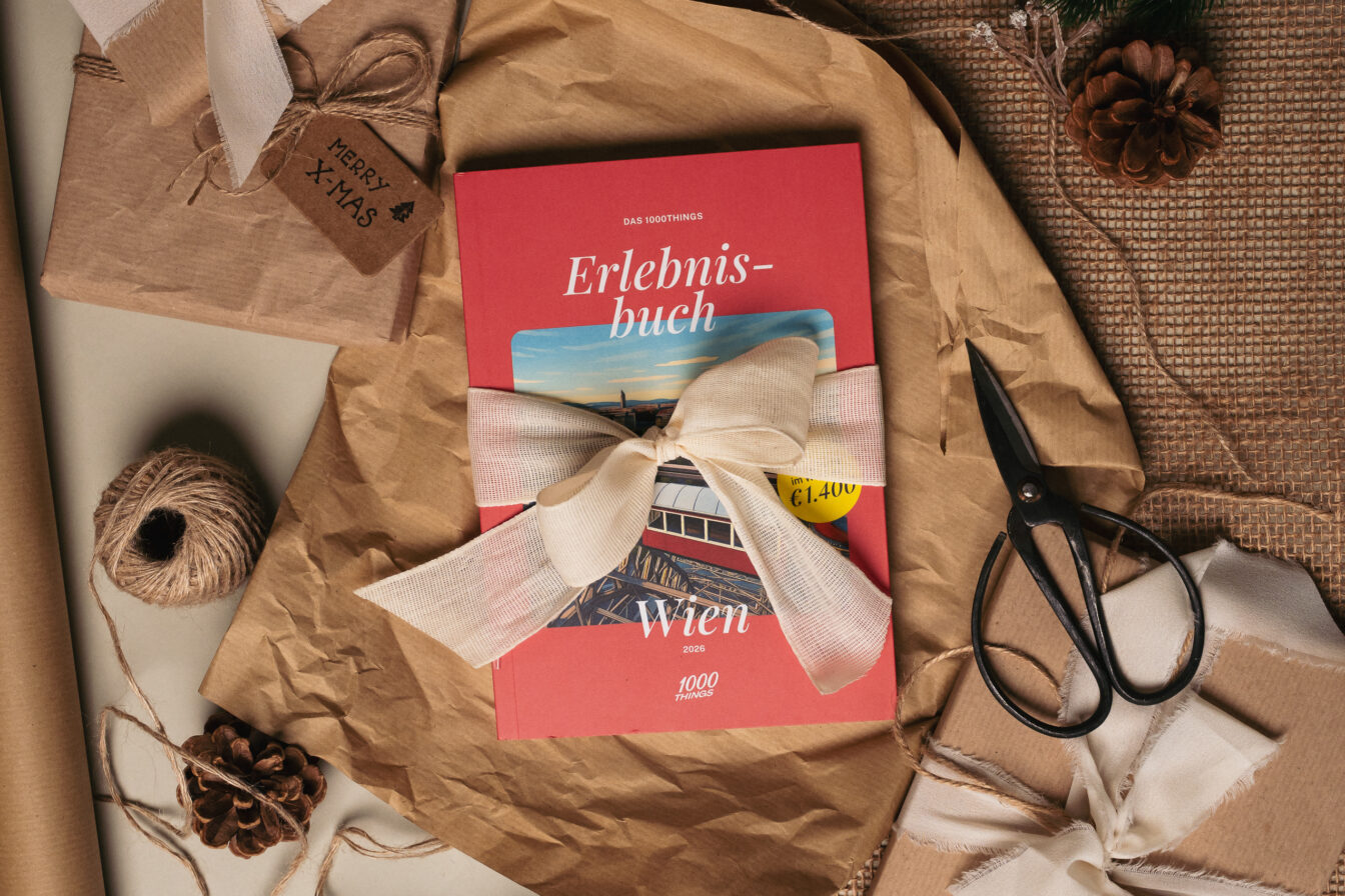 Das 1000 things Erlebnisbuch für Wien als Weihnachtsgeschenk verpackt, mit Schleife