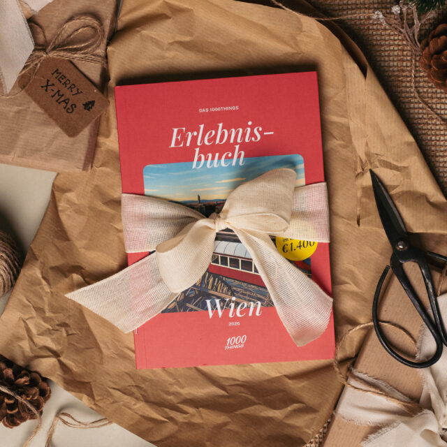 Das 1000 things Erlebnisbuch für Wien als Weihnachtsgeschenk verpackt, mit Schleife