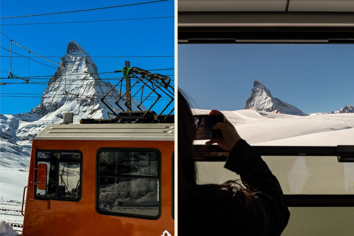 Collage mit zwei Fotos der Matterhorn-Region bei Zermatt: Links ein oranger Zug der Gornergratbahn mit dem verschneiten Matterhorn im Hintergrund, rechts der Blick aus dem Zugfenster auf das Matterhorn, während eine Person ein Foto macht