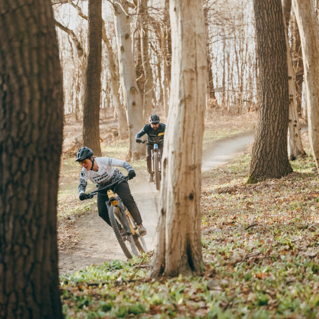 Personen fahren Downhill mit dem Rad durch Wald (c) Bosch