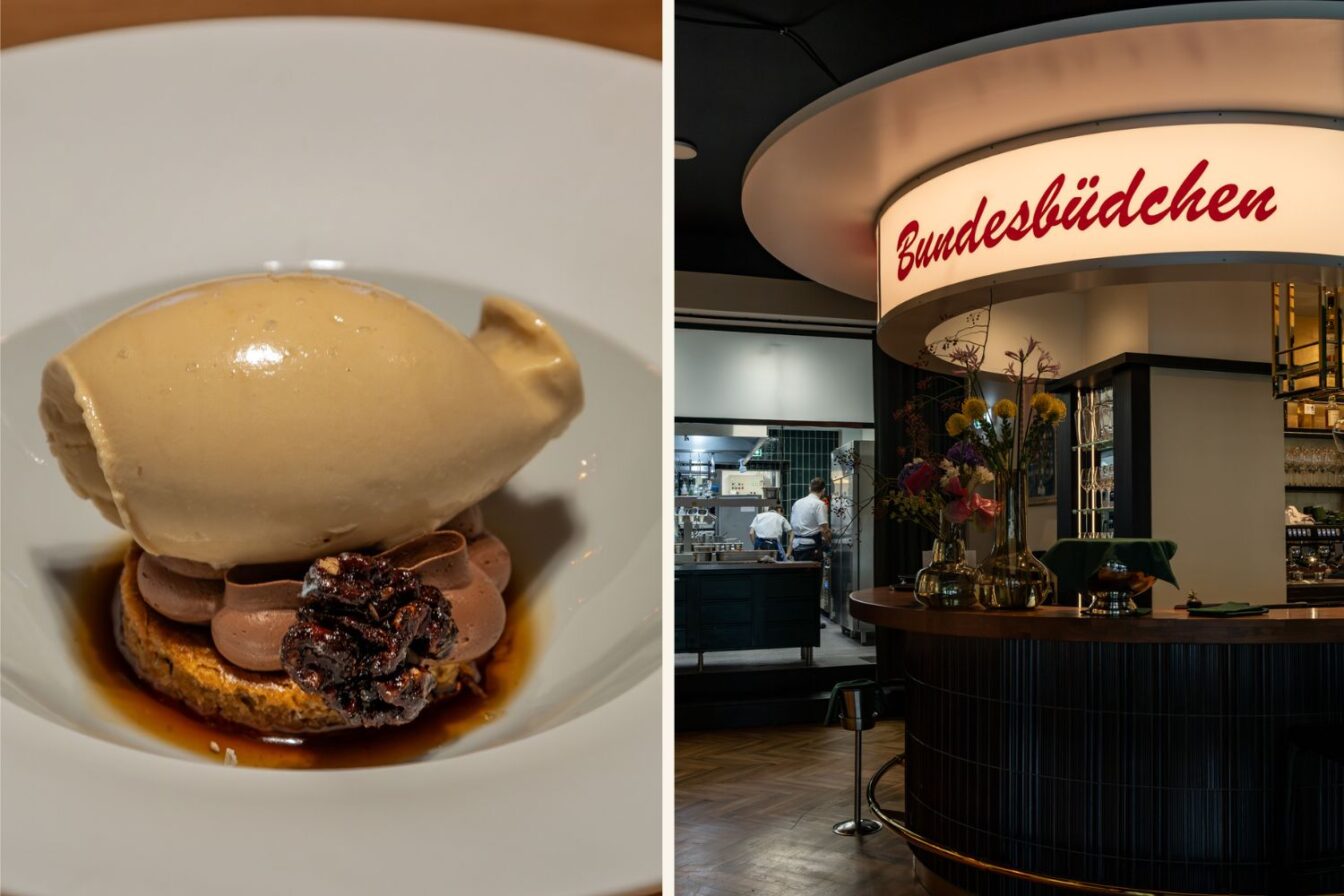 Dessert mit Eiscreme und Schokoladencreme sowie Innenansicht des Restaurants Bundesbüdchen in Berlin.