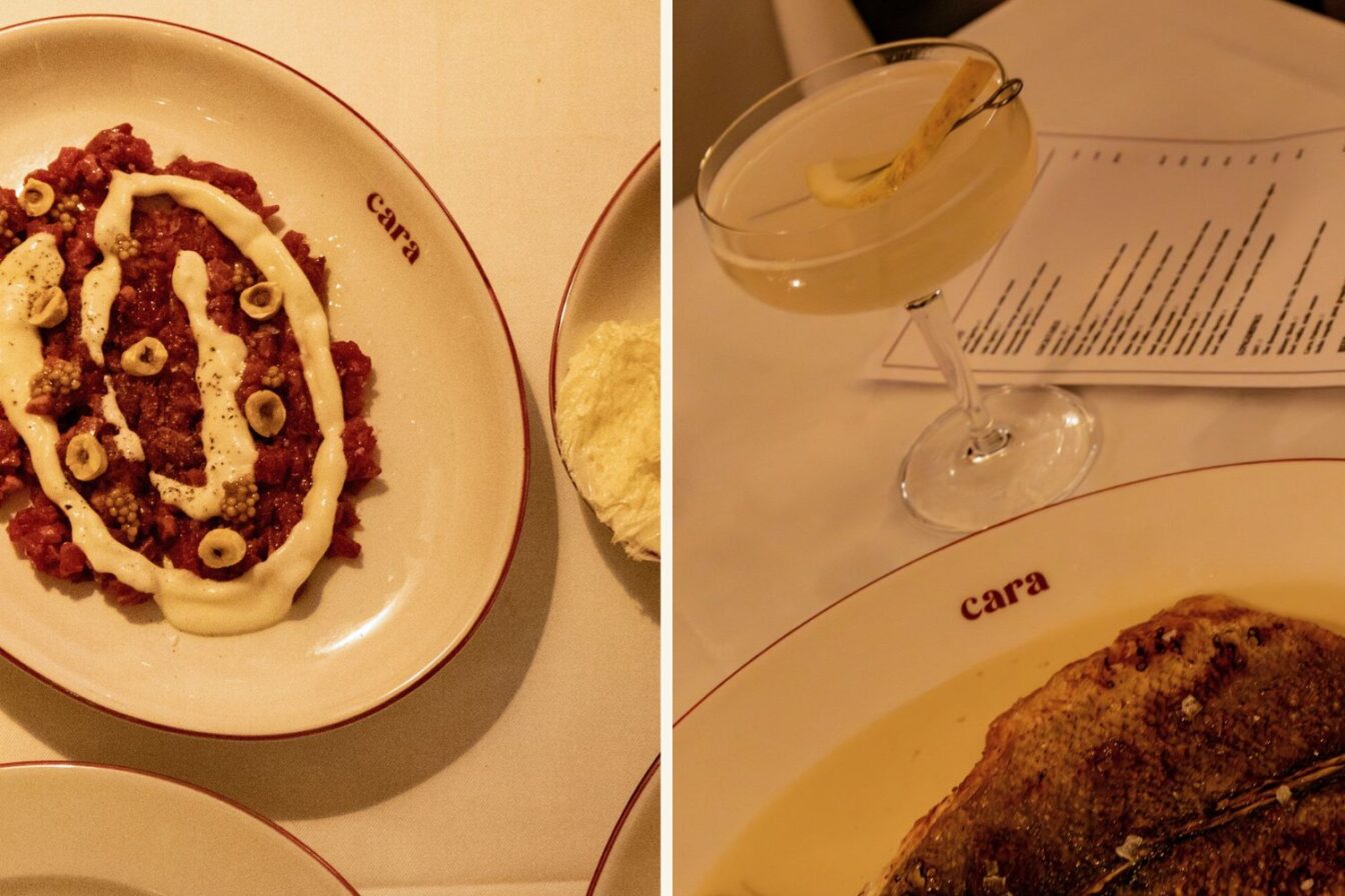 Tatar mit Haselnüssen und Sauce sowie Cocktail und Fischgericht im Restaurant Cara in Berlin.
