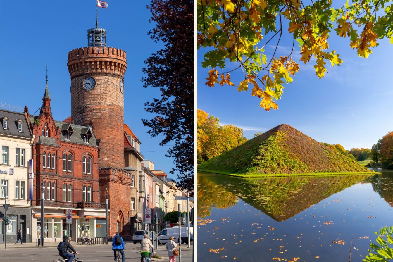 Zweiteiliges Bild: Links der historische Spremberger Turm in der Cottbuser Innenstadt aus rotem Backstein bei blauem Himmel, Menschen fahren mit dem Fahrrad vorbei; rechts der Branitzer Park mit der berühmten Pyramide von Fürst Pückler, umgeben von herbstlich gefärbten Bäumen und spiegelglattem Wasser.