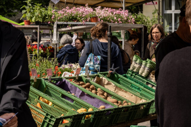 Ein belebter Wochenmarkt mit grünen Gemüsekisten voller Kartoffeln und anderem Gemüse im Vordergrund. Im Hintergrund stehen Menschen an Ständen mit bunten Blumen und Pflanzen unter weißen Marktzelten.