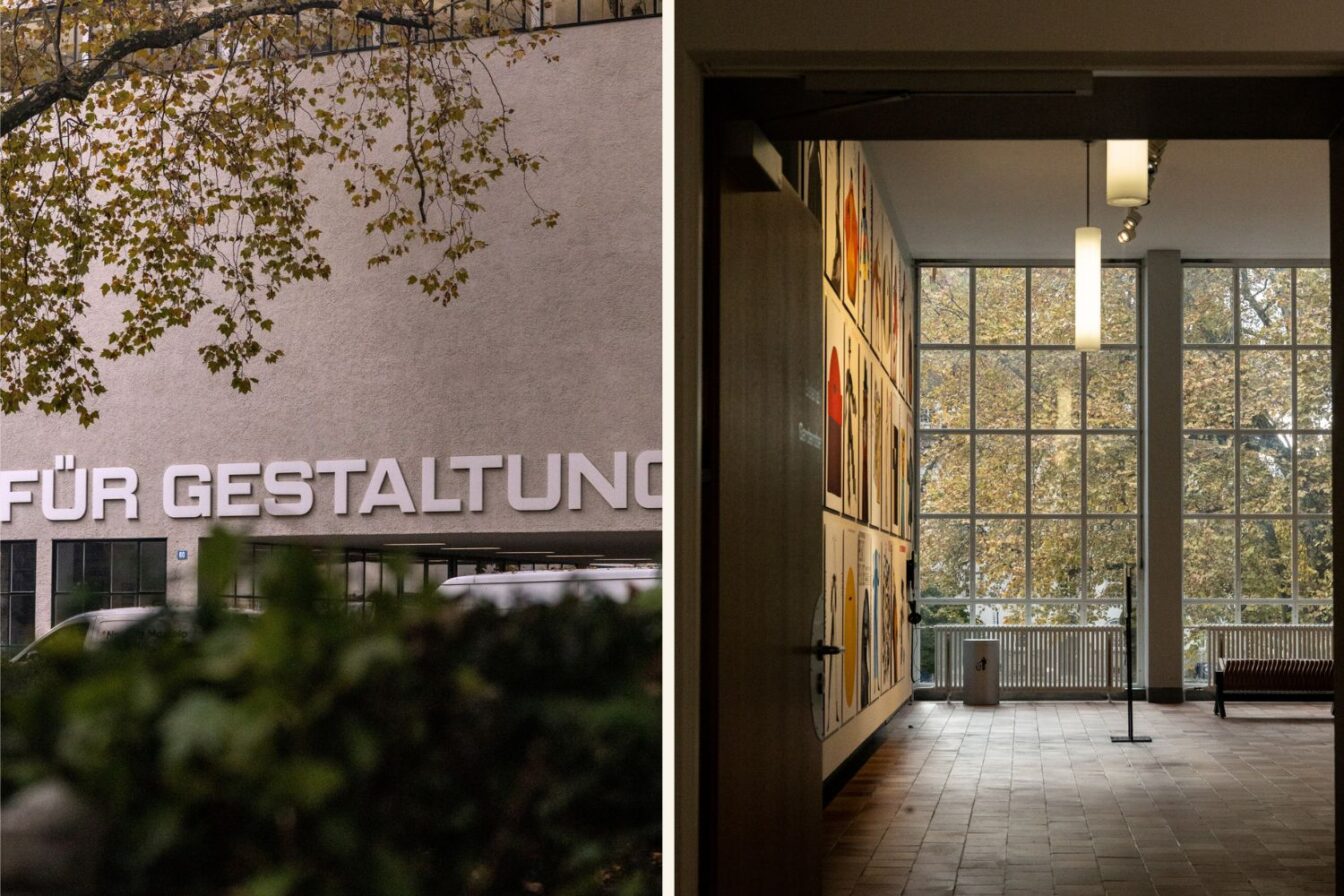 Zweiteiliges Foto des Museum für Gestaltung Zürich. Links die Außenansicht mit der modernen Fassade aus hellem Putz und großen weißen Buchstaben „FÜR GESTALTUNG“, teils von einem Baum mit Herbstlaub verdeckt. Rechts ein Innenraum mit hohen Fenstern, durch die herbstliche Bäume zu sehen sind; an der Wand hängen farbenfrohe Designplakate, und der Raum ist in warmes Licht getaucht.