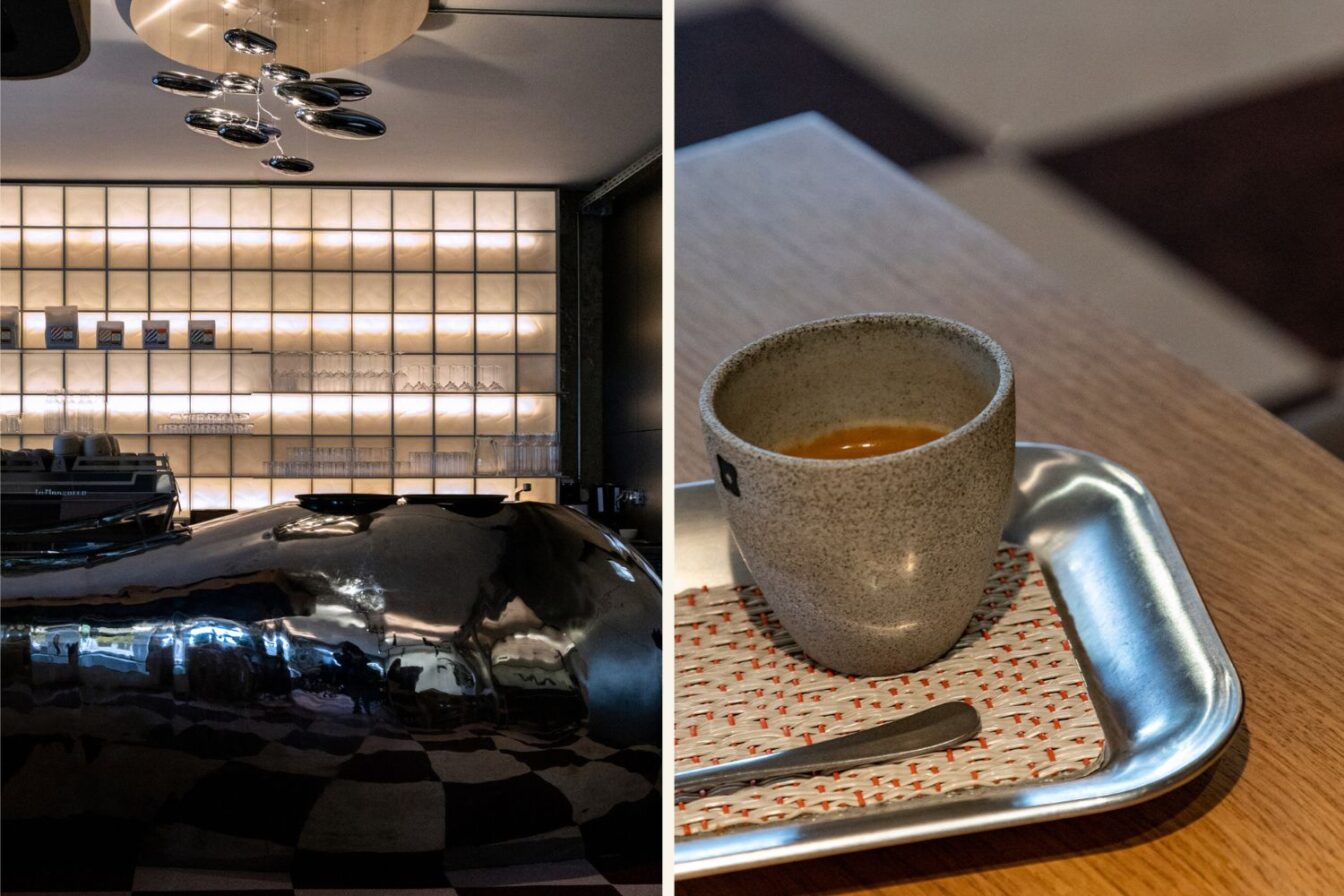 Modernes Design und stilvoll servierter Espresso bei Oko, einem trendigen Ort für Brunch in Zürich, mit futuristischer Theke, beleuchteten Regalen und minimalistischer Präsentation auf einem Metalltablett.