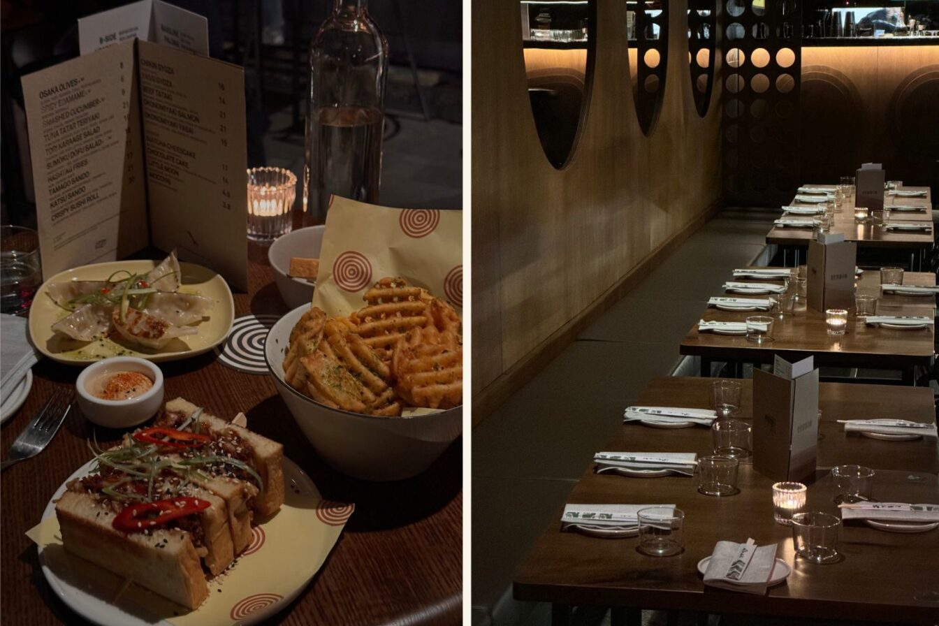 Collage mit zwei Aufnahmen aus dem Restaurant Studio Zürich: links ein gedeckter Tisch mit modernen Bar-Snacks wie Waffel-Pommes, Gyoza und Sandwiches bei Kerzenschein; rechts die stilvolle Innenansicht des Lokals mit gedeckten Holztischen, warmem Licht und minimalistischer Atmosphäre – ein typisches Beispiel für das elegante Bar- und Restauranterlebnis in Zürich.“