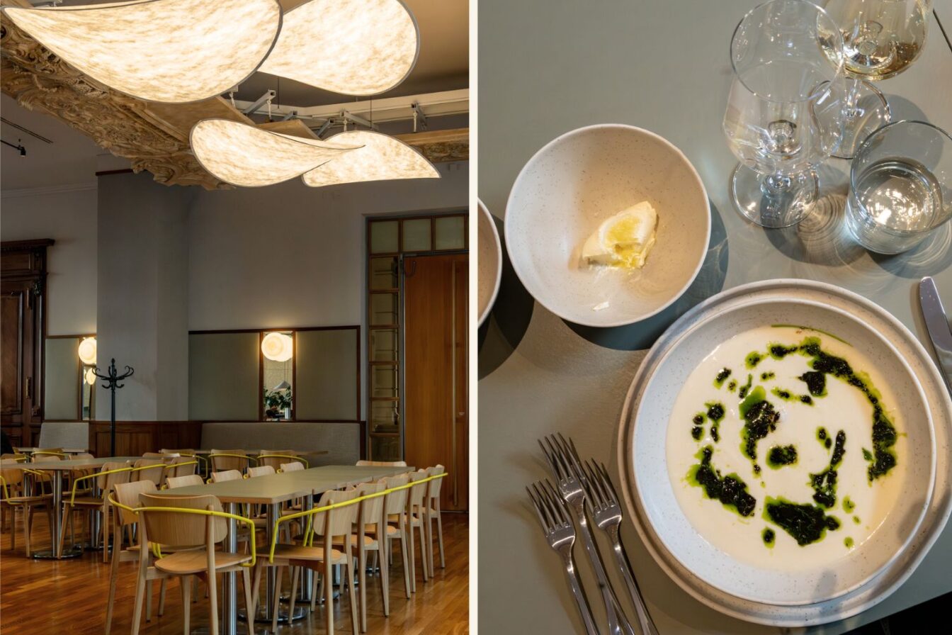 Minimalistisch eingerichteter Gastraum und Tellergericht mit Suppe und Kräuteröl im Restaurant W66 in Berlin.