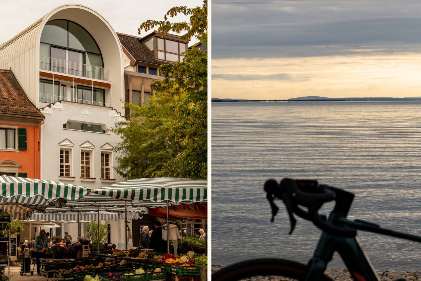 Linkes Bild:
Ein lebhafter Wochenmarkt mit grünen und weißen Markisen vor historischen Gebäuden. Im Hintergrund steht ein modernes Gebäude mit großer, rund gewölbter Fensterfassade, eingerahmt von farbenfrohen Altstadthäusern und Bäumen.
Rechtes Bild:
Blick über den ruhigen Bodensee bei weichem Abendlicht. Die Wasseroberfläche spiegelt den hellen Himmel, im Vordergrund ist unscharf der Lenker eines Fahrrads zu sehen, während am Horizont entfernte Uferlinien erscheinen.