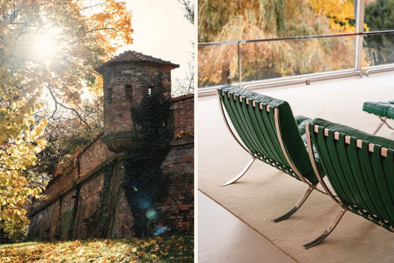 
Links der Špilberk Park, rechts Details aus der Villa Tugendhat in Brno