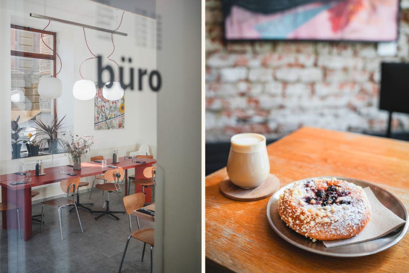 Links der Eingang zur Pizzeria Büro und rechts Kaffee und Kuchen im anoda.