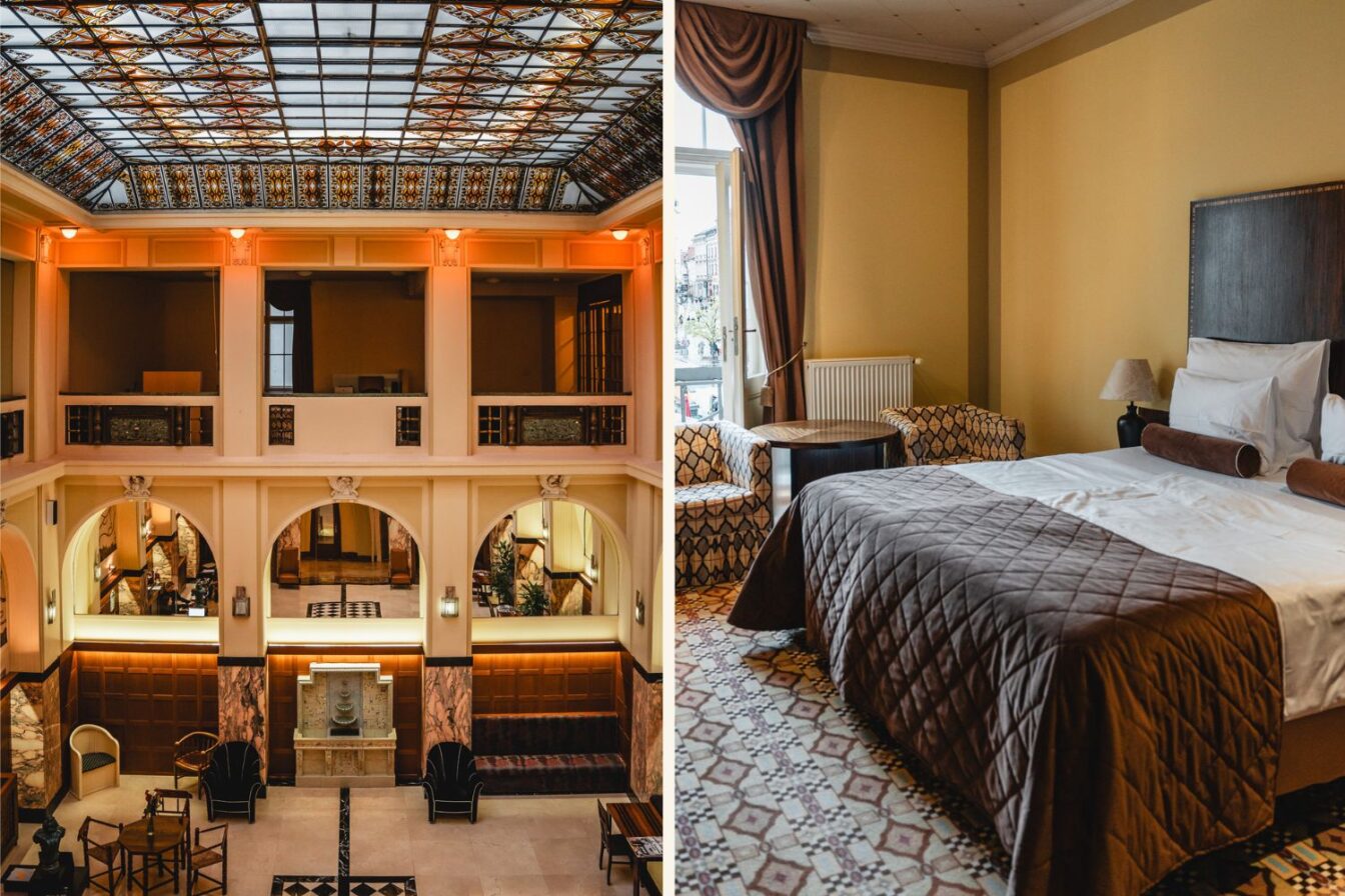 Eine prunkvole Hotellobby und ein Zimmer im Grandezza Brno.