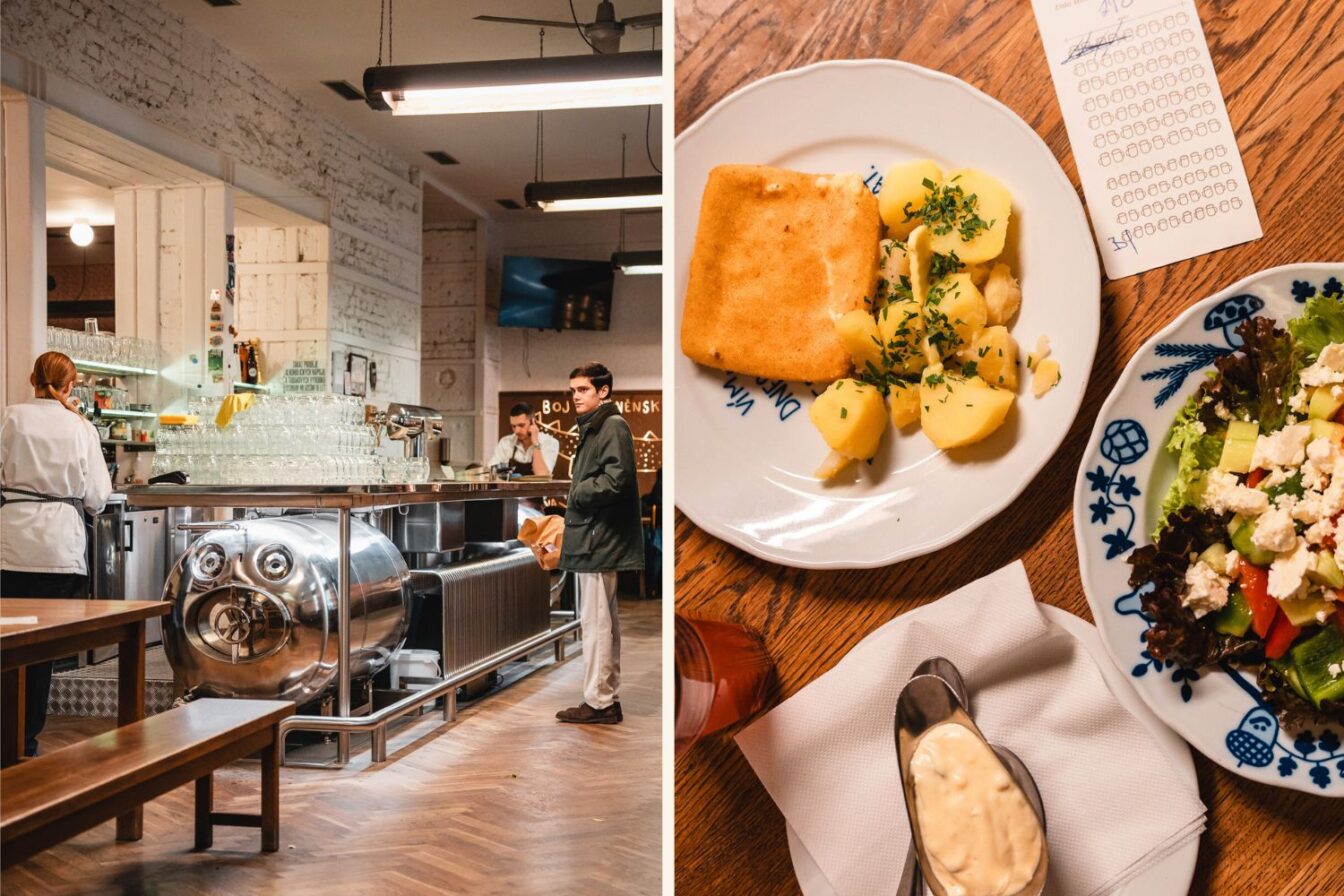 Ein modernes Lokal in Brnp und ein gedeckter Tisch mit traditionellen Speisen