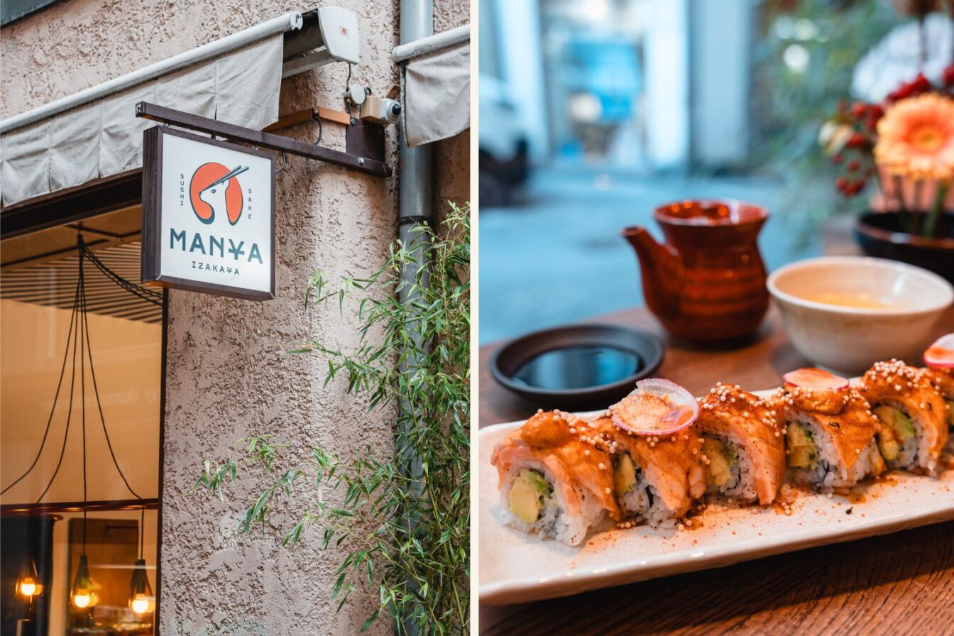 Die Front eines Lokals und ein Teller mit Sushi