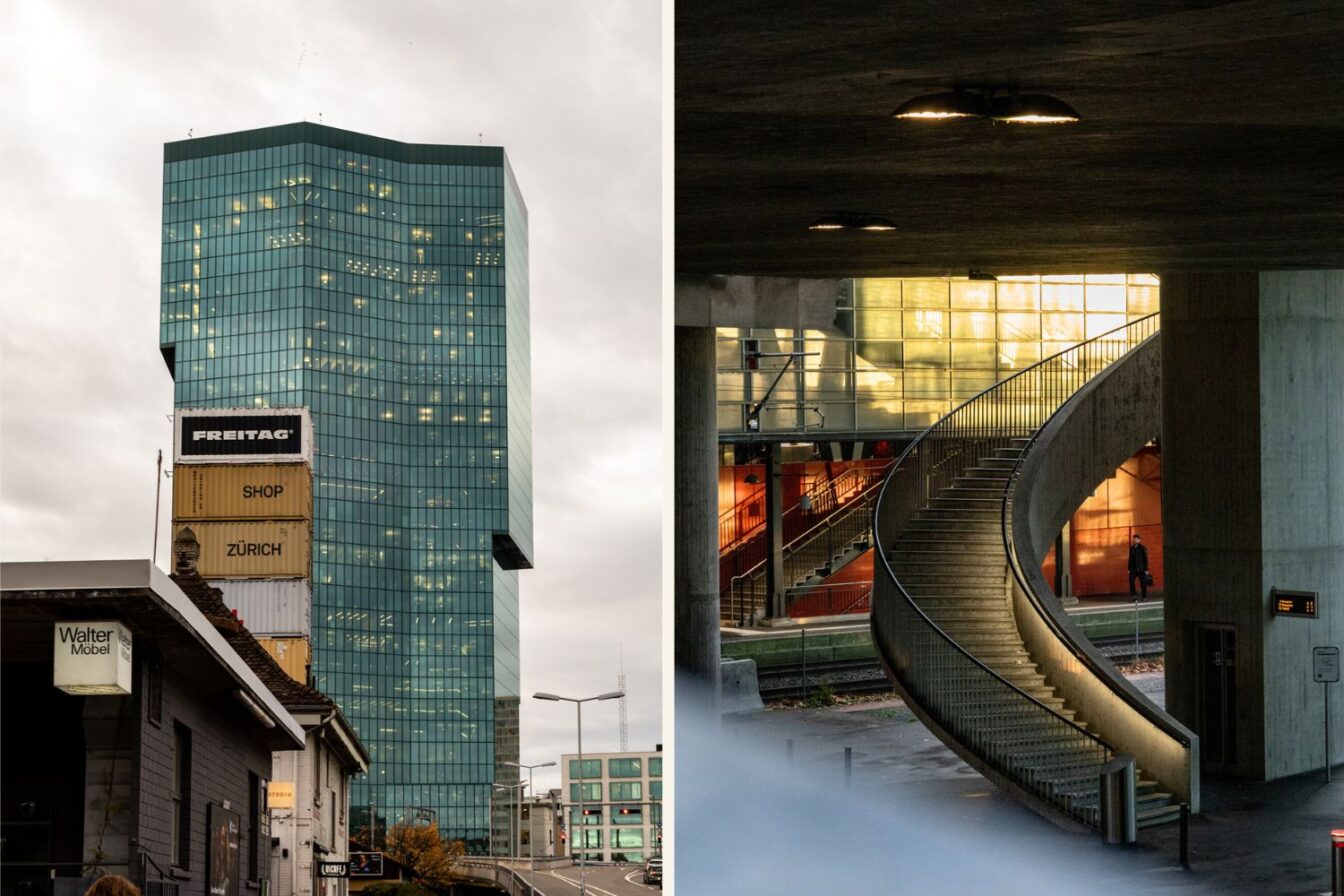 Zweiteilige Bildcollage moderner Architektur in Zürich: Links ein hoher, türkisgrüner Glaswolkenkratzer vor grauem Himmel, davor mehrere gestapelte Schiffscontainer mit der Aufschrift ‚FREITAG Shop Zürich‘ sowie kleinere Gewerbebauten. Rechts eine geschwungene Betontreppe unter einer Überdachung, die zu einem Bahnsteig führt; warmes Licht fällt durch große Glasflächen im Hintergrund und beleuchtet den Bereich