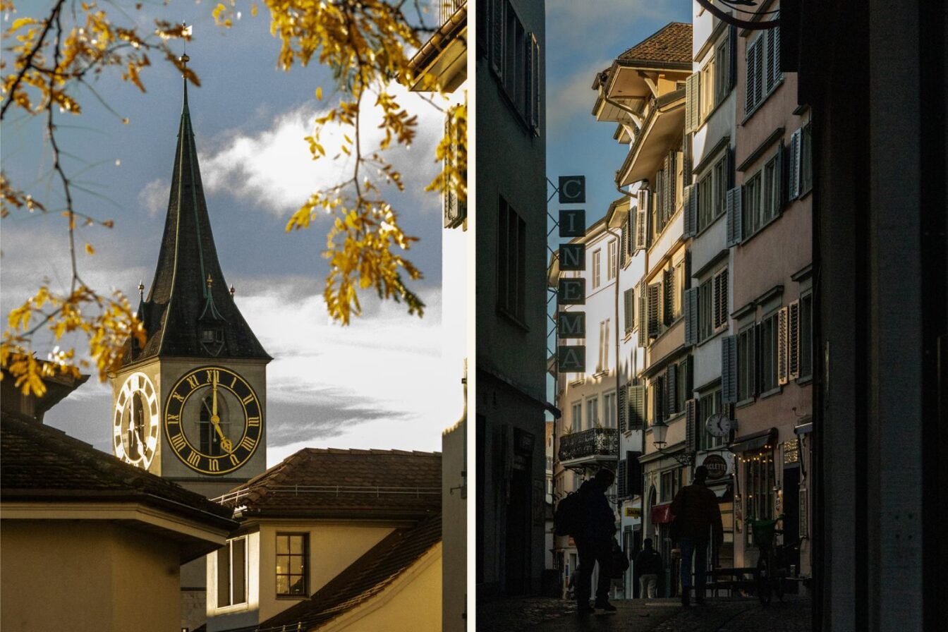 Zweiteilige Bildcollage aus Zürich: Links ein herbstlicher Blick auf den Turm der St.-Peter-Kirche mit ihrer großen Uhr, eingerahmt von gelb verfärbten Zweigen und den Dächern umliegender Gebäude. Rechts eine schmale Altstadtgasse mit eng stehenden Häusern und Fensterläden; ein senkrechtes ‘CINEMA’-Schild ragt an einer Fassade hervor, während mehrere Personen als Silhouetten die kopfsteingepflasterte Straße entlanggehen