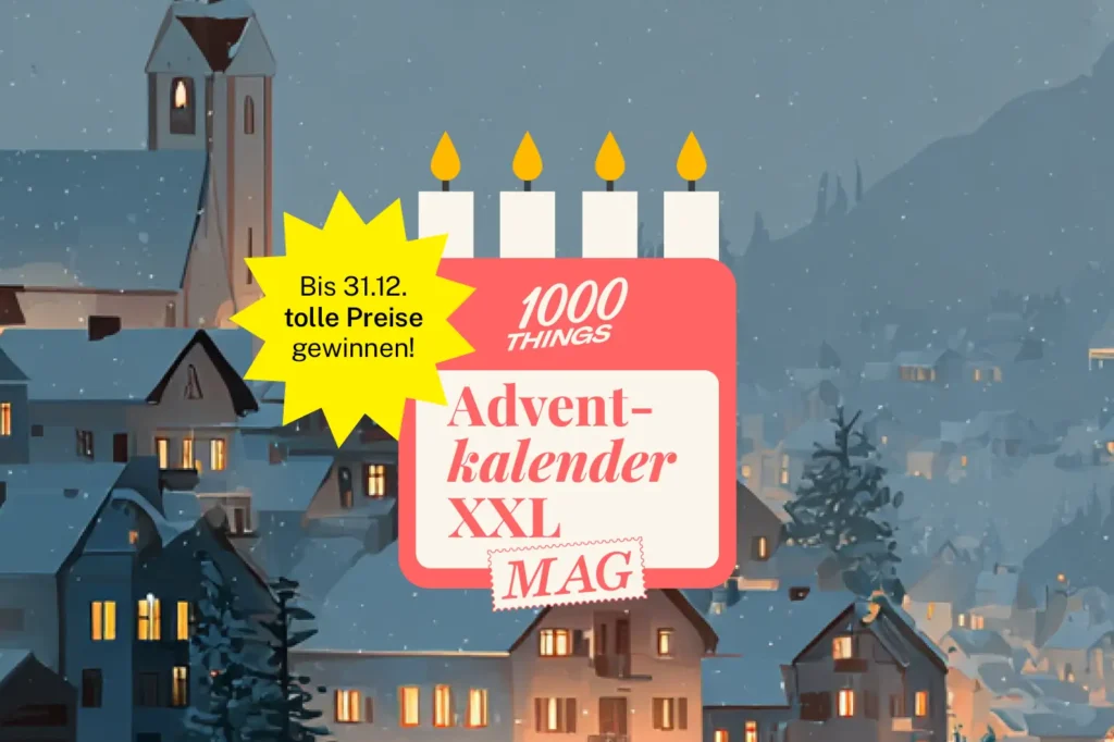 Grafik einer Stadt im Winter mit Abendstimmungund erleuchteten Fenstern.