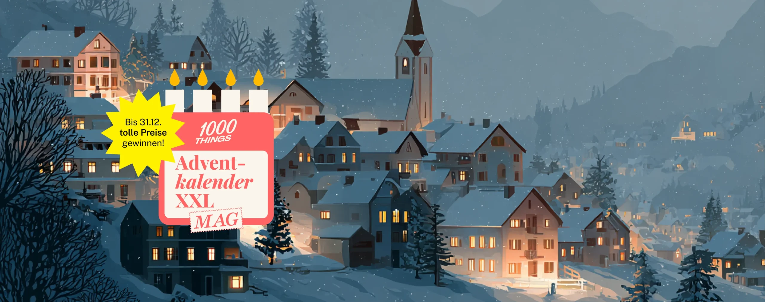 Grafik einer Stadt im Winter mit Abendstimmungund erleuchteten Fenstern.