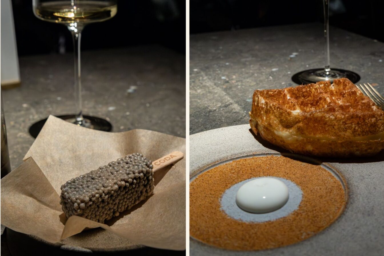 Zwei moderne Dessertkreationen im Coda Berlin: links ein Gourmet-Eis am Stiel mit körniger Textur, rechts ein luftiges Gebäck neben einem kunstvoll angerichteten Teller mit cremigem Zentrum.