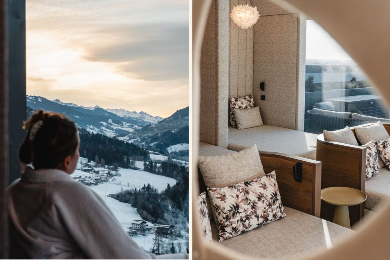 Blick aus dem Hotel Berghof auf eine verschneite Alpenlandschaft mit einer Person im Bademantel am Fenster; daneben ein stilvoller, ruhiger Wellness-Ruhebereich mit gemütlichen Liegen und warmen Naturtönen.